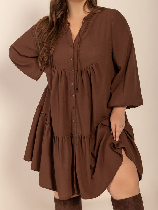 Plus Size Tie Neck Balloon Sleeve Tiered Dress Brown