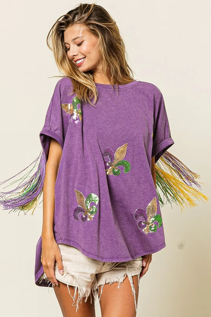 bibi vintage washed fleur mardi gras top shown as women’s outerwear