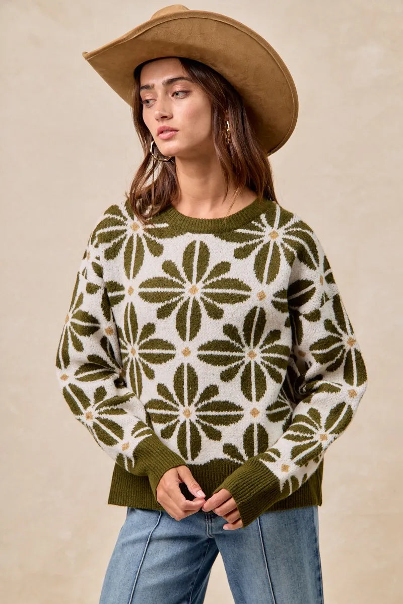 bibi flower pattern long sleeve sweater shown as women’s sweater