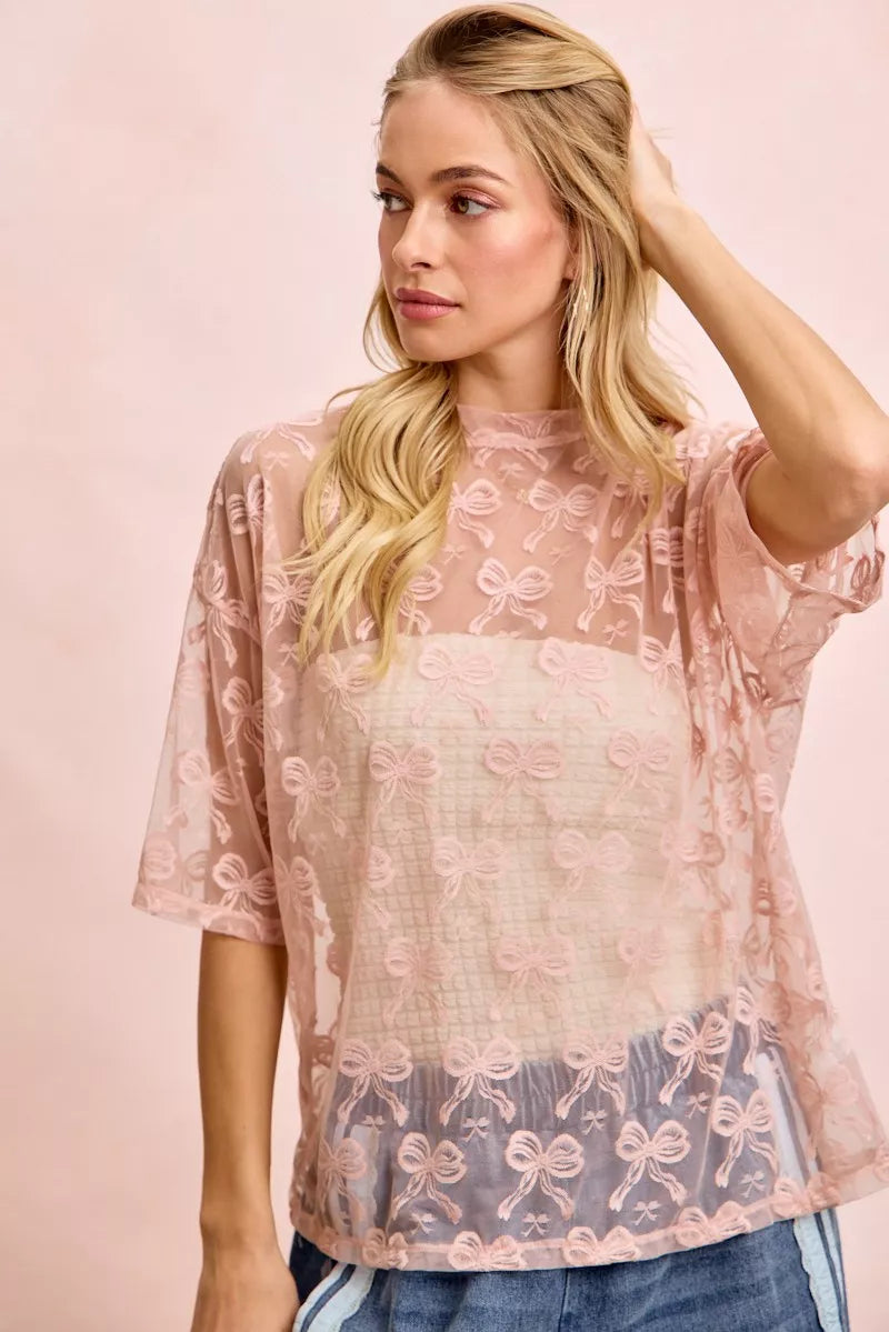 women's bibi bow pattern short sleeves boxy mesh top - extra view