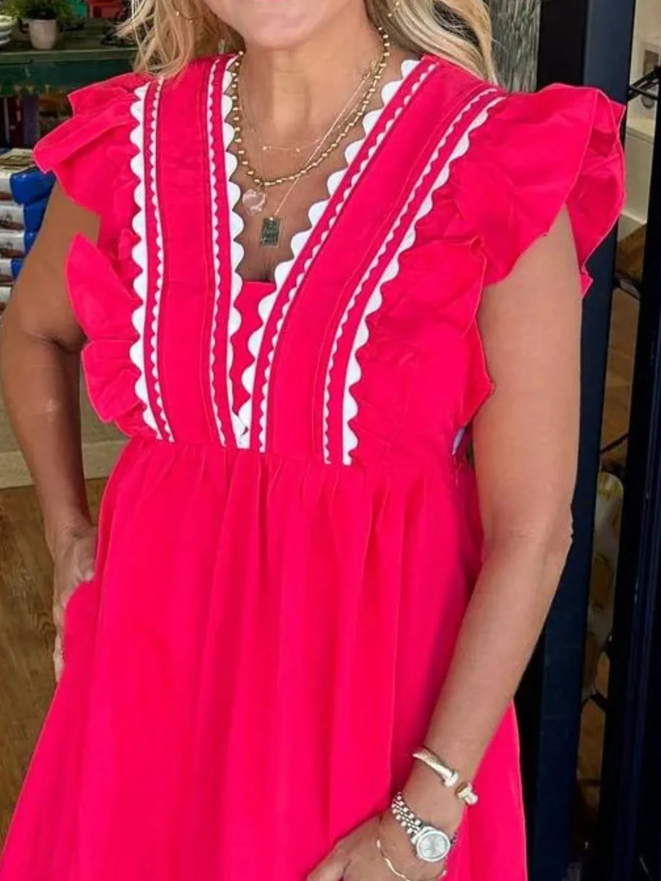 Full Size Contrast Trim Ruffled Cap Sleeve Dress Plus Size