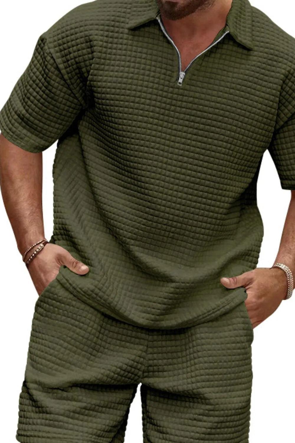 men's men's full size zip collar short sleeve top and shorts set plus size - close-up detail