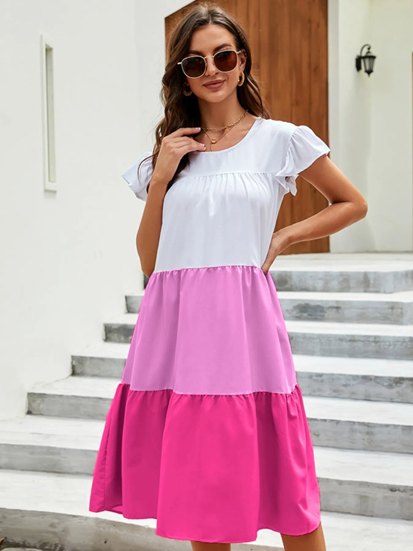 Full Size Color Block Tiered Ruffle Summer Dress Plus Size Hot Pink