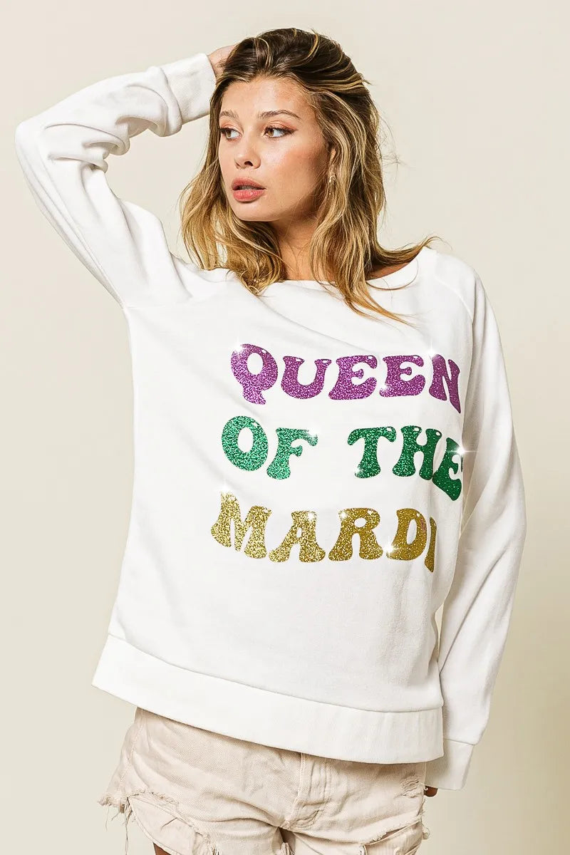 women's bibi queen of mardi glitter print mardi gras sweatshirt - product detail