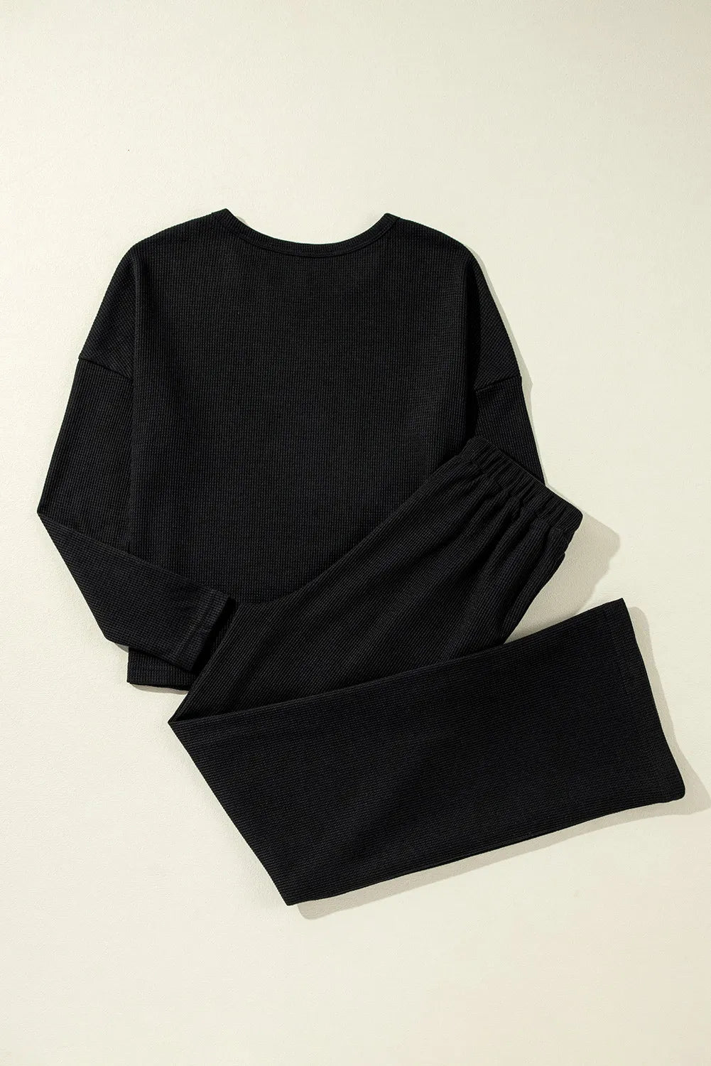 Round Neck Long Sleeve Top and Drawstring Pants Lounge Set Black