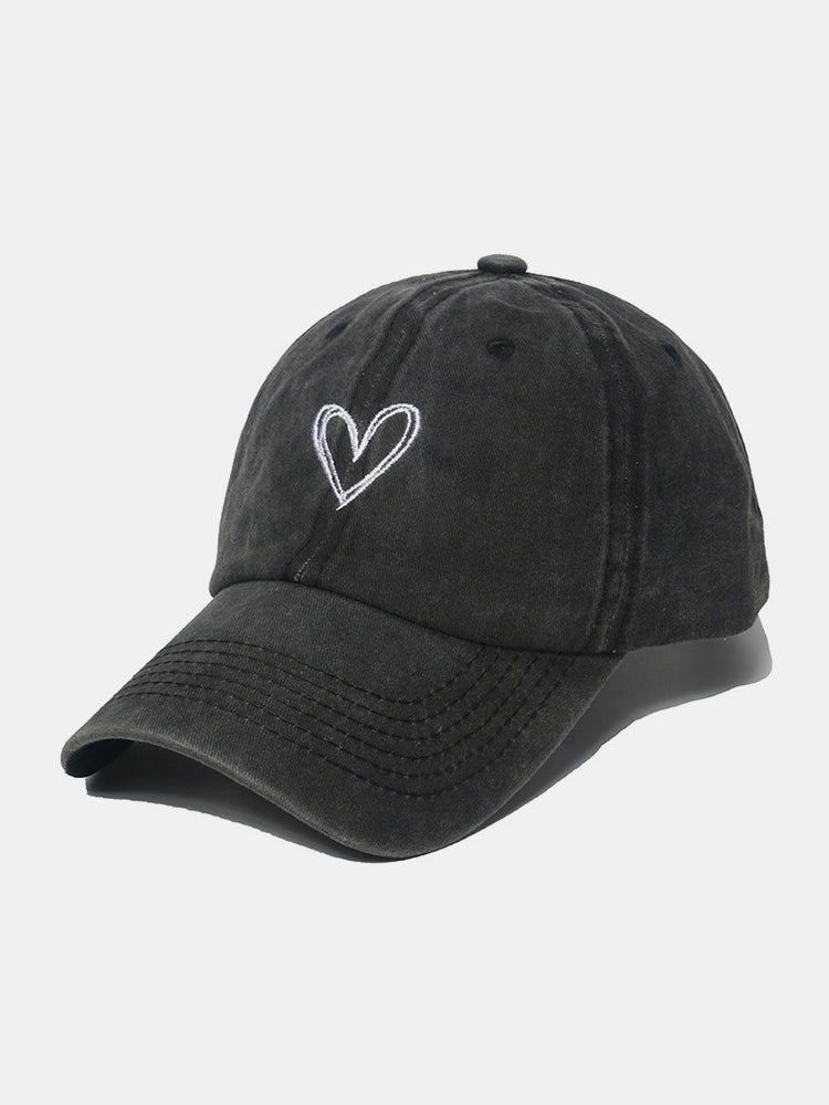 Embroidered Heart Washed Cotton Baseball Cap Black One Size