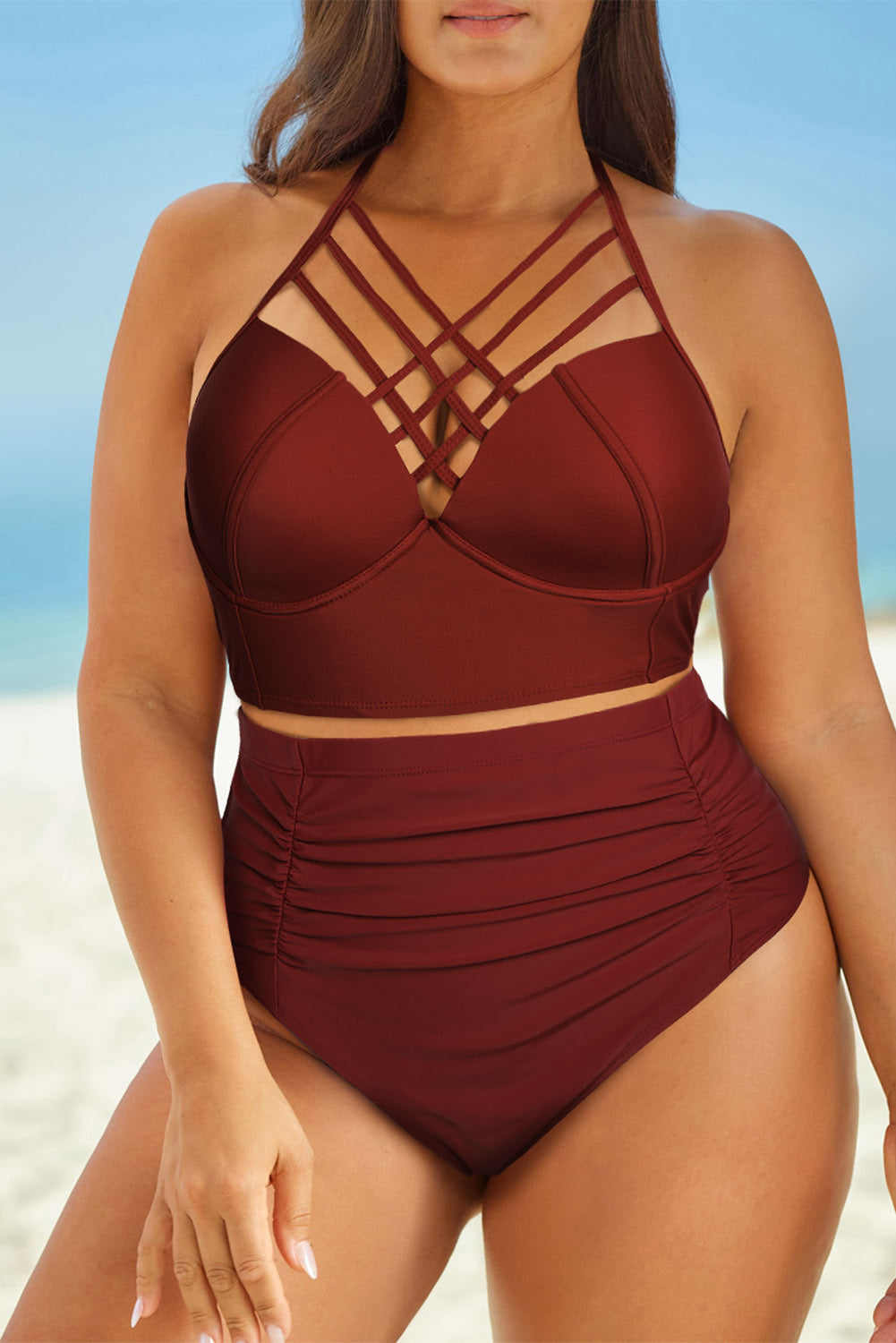 Full Size Halter Neck Crisscross Ruched Two-Piece Swimsuit Rust