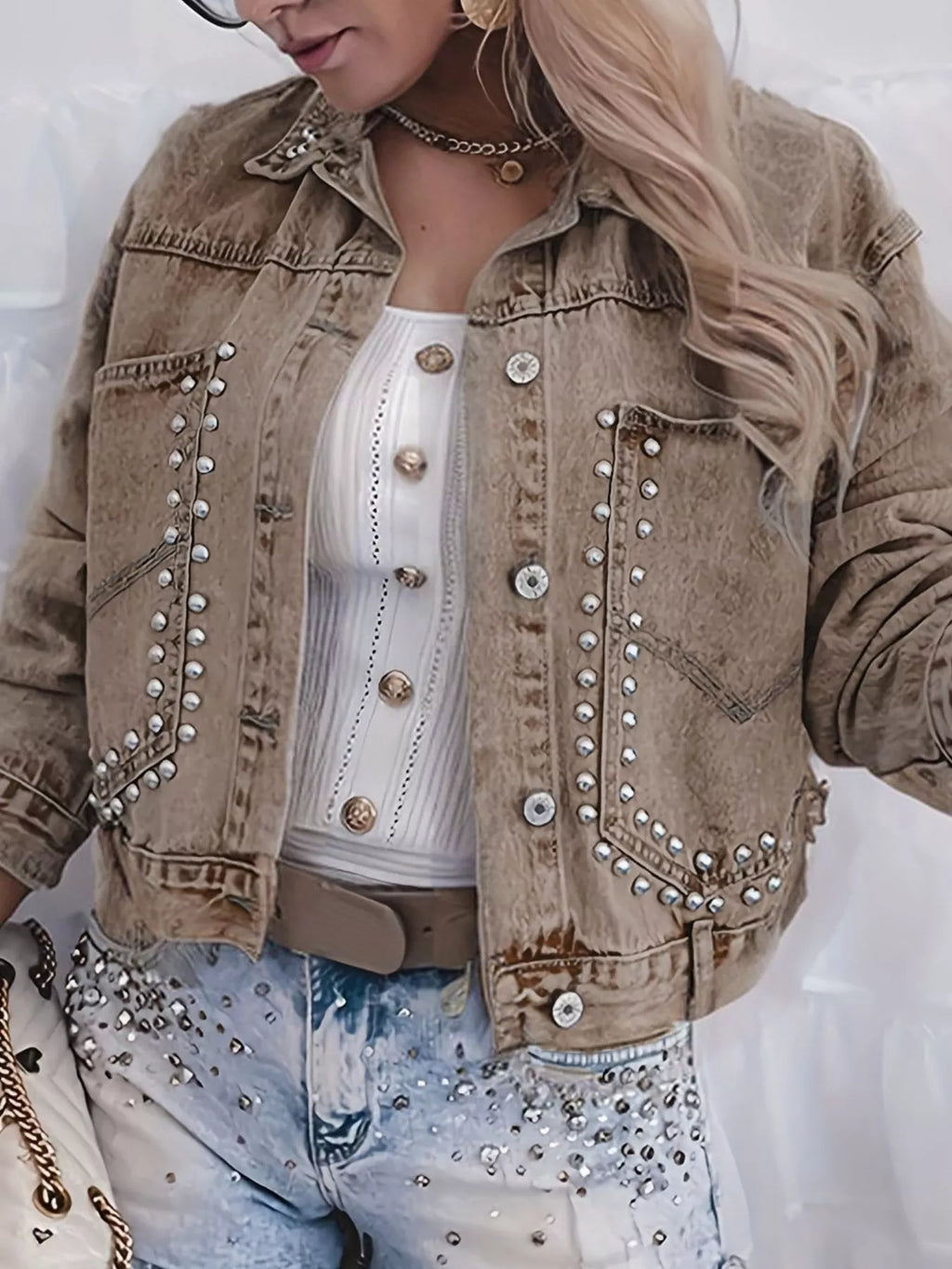 women's studded button up wash denim jacket - alternate angle