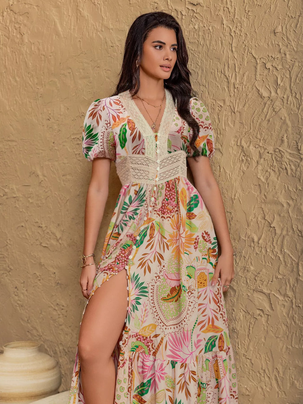 women's lace trim floral print puff sleeve dress - additional angle