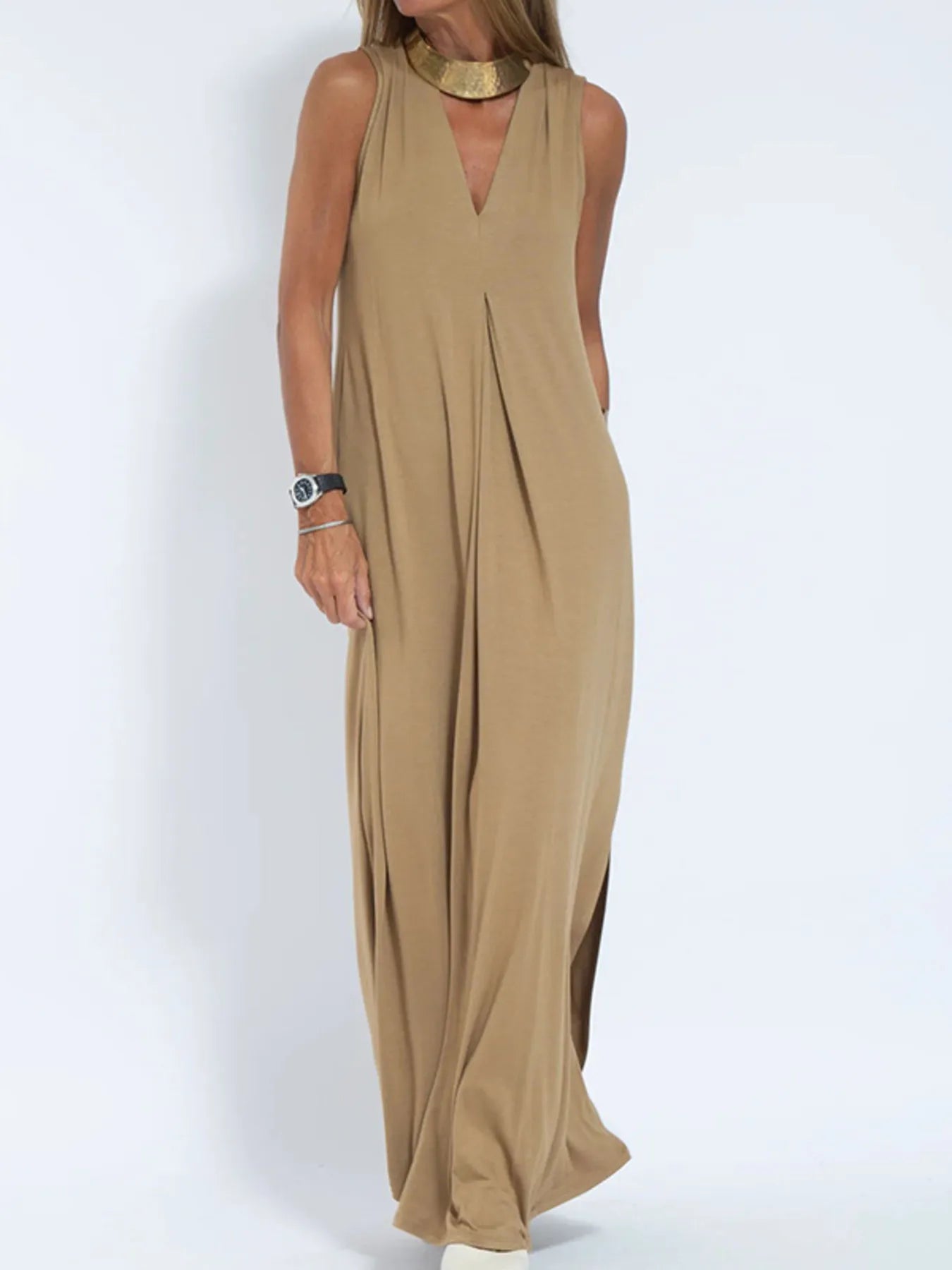 Full Size V-Neck Sleeveless Maxi Dress with Slit Plus Size
