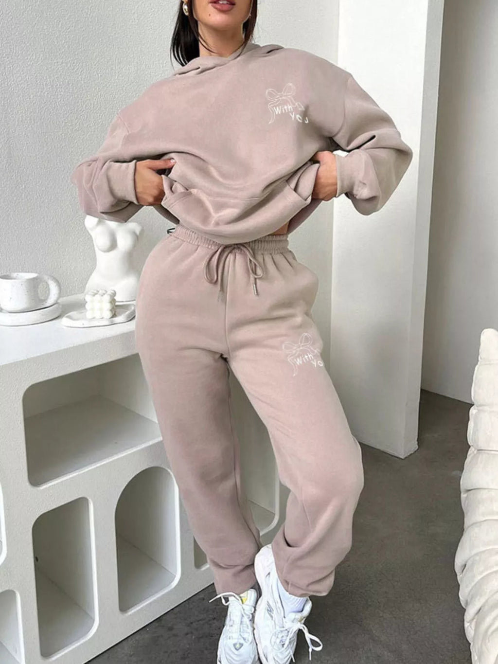 women's dropped shoulder hoodie and pants set - styled view
