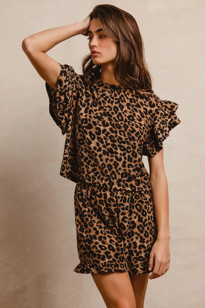 bibi leopard print waffle texture layered ruffle sleeve top and shorts set shown as women’s outerwea