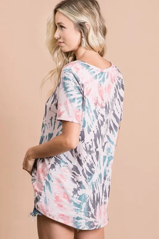 women's bibi tie dye print terry deep u neck top - styling option