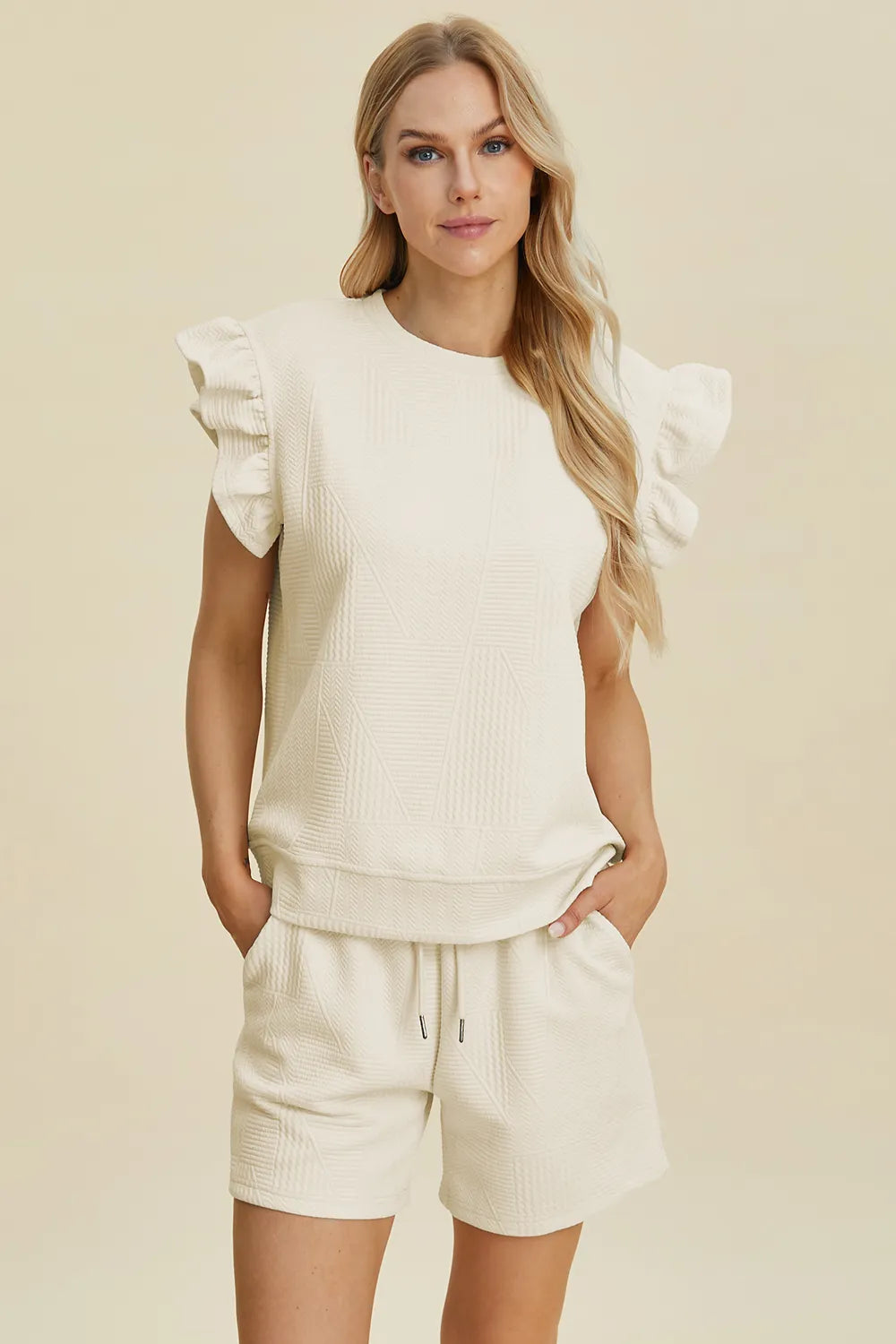 Double Take Full Size Texture Round Neck Ruffle Sleeve Top and Shorts Set Cream