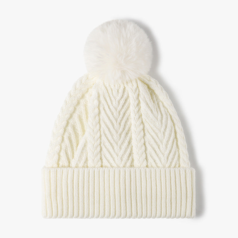 Cable Knit Solid Color Hat with Pompom Cream One Size