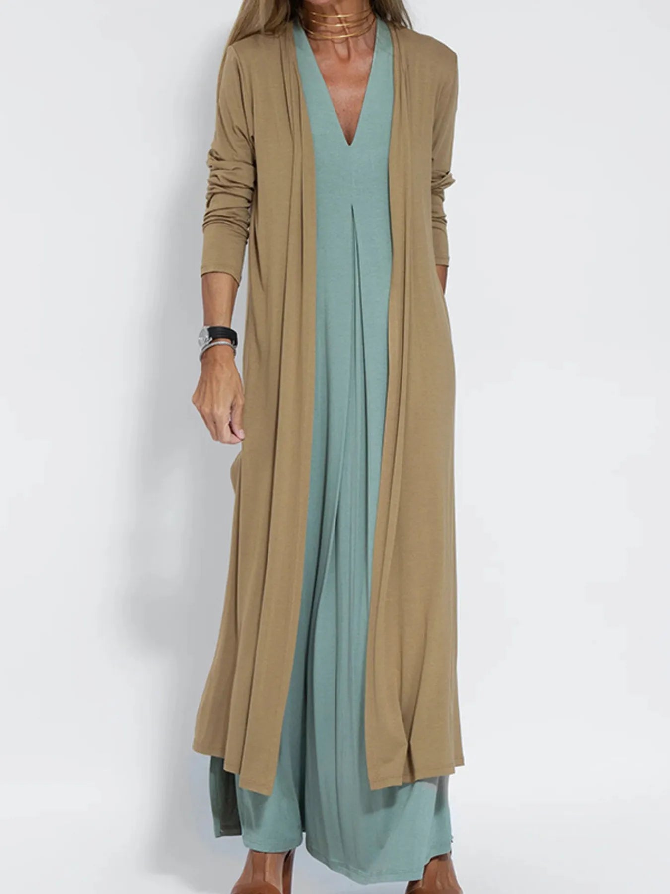 Full Size Open Front Side Slit Longline Cardigan Plus Size Caramel