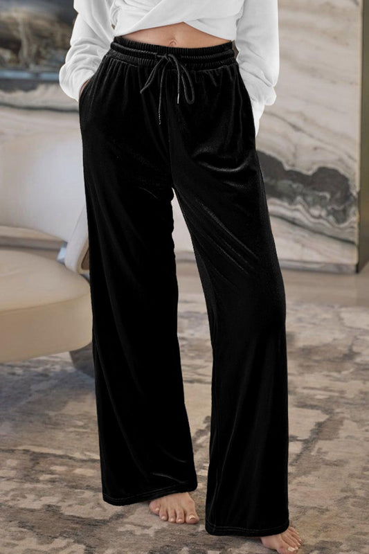 Drawstring Waist Wide Leg Active Pants Black