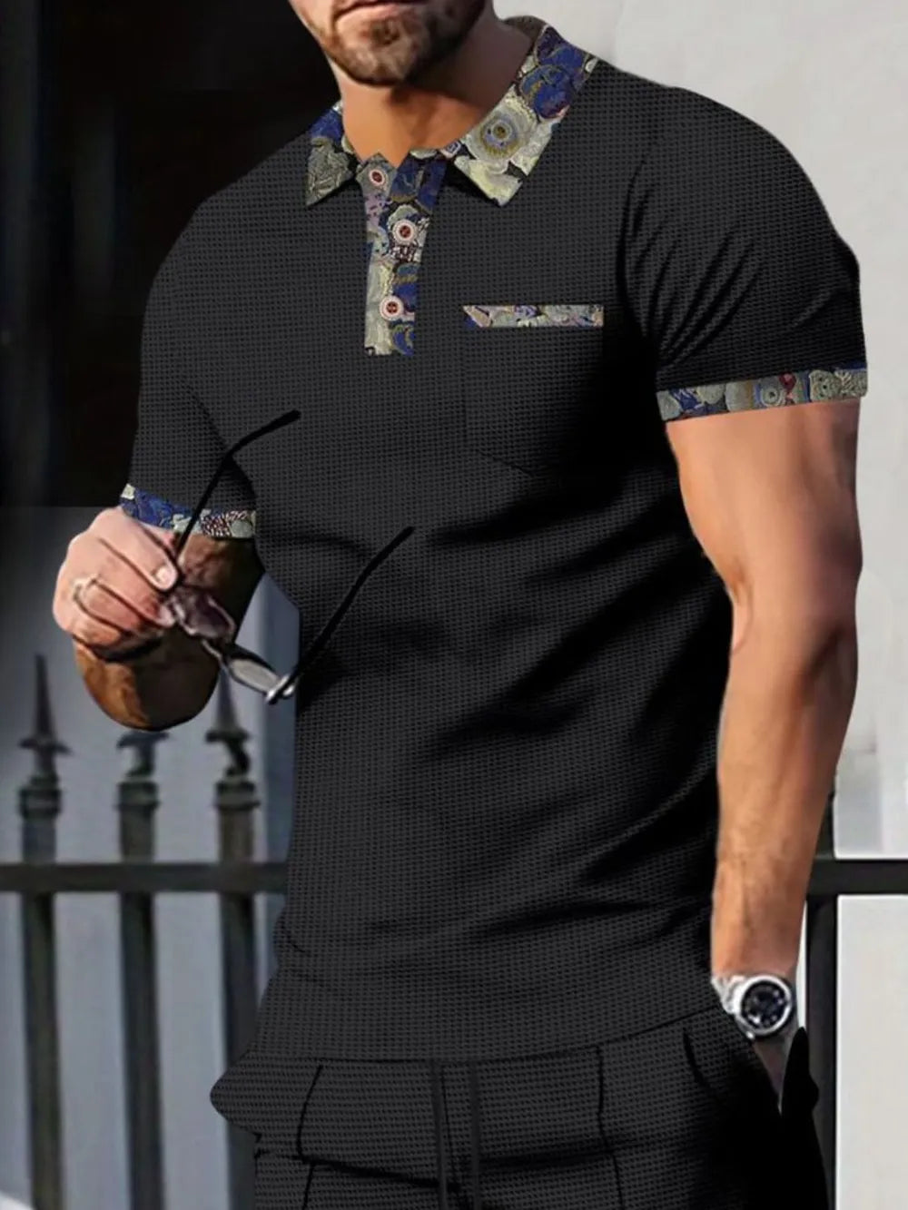Men's Full Size Waffle Knit Short Sleeve Polo and Pants Set Plus Size
