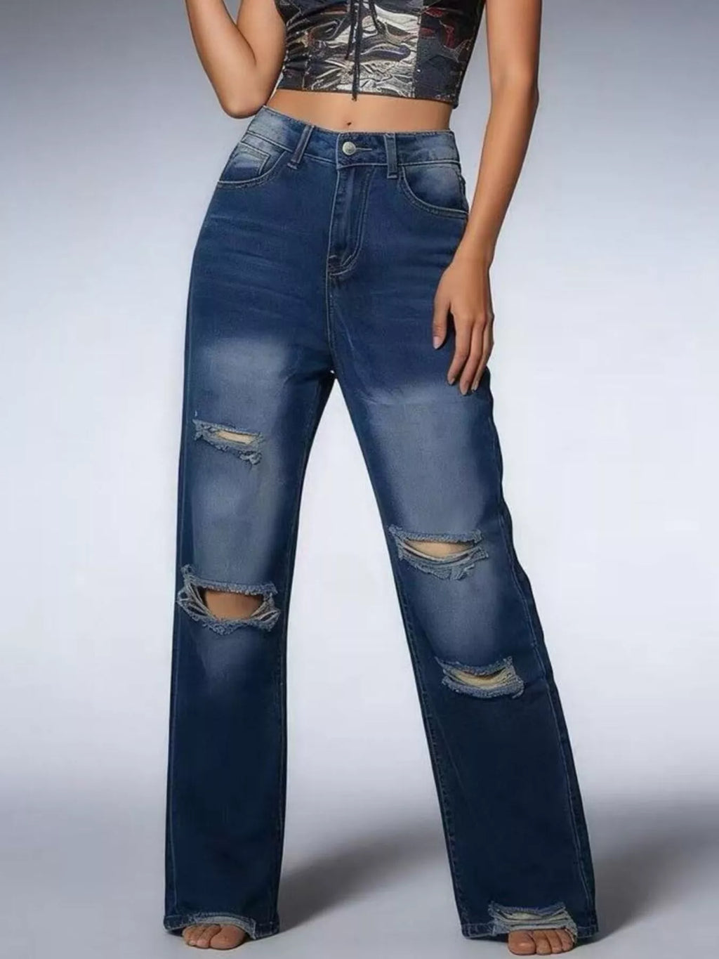 women's distressed wide leg jeans - additional image