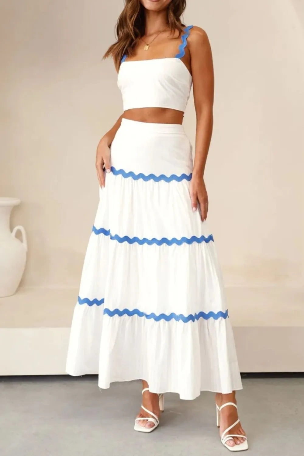Contrast Trim Cami and Maxi Skirt Set White