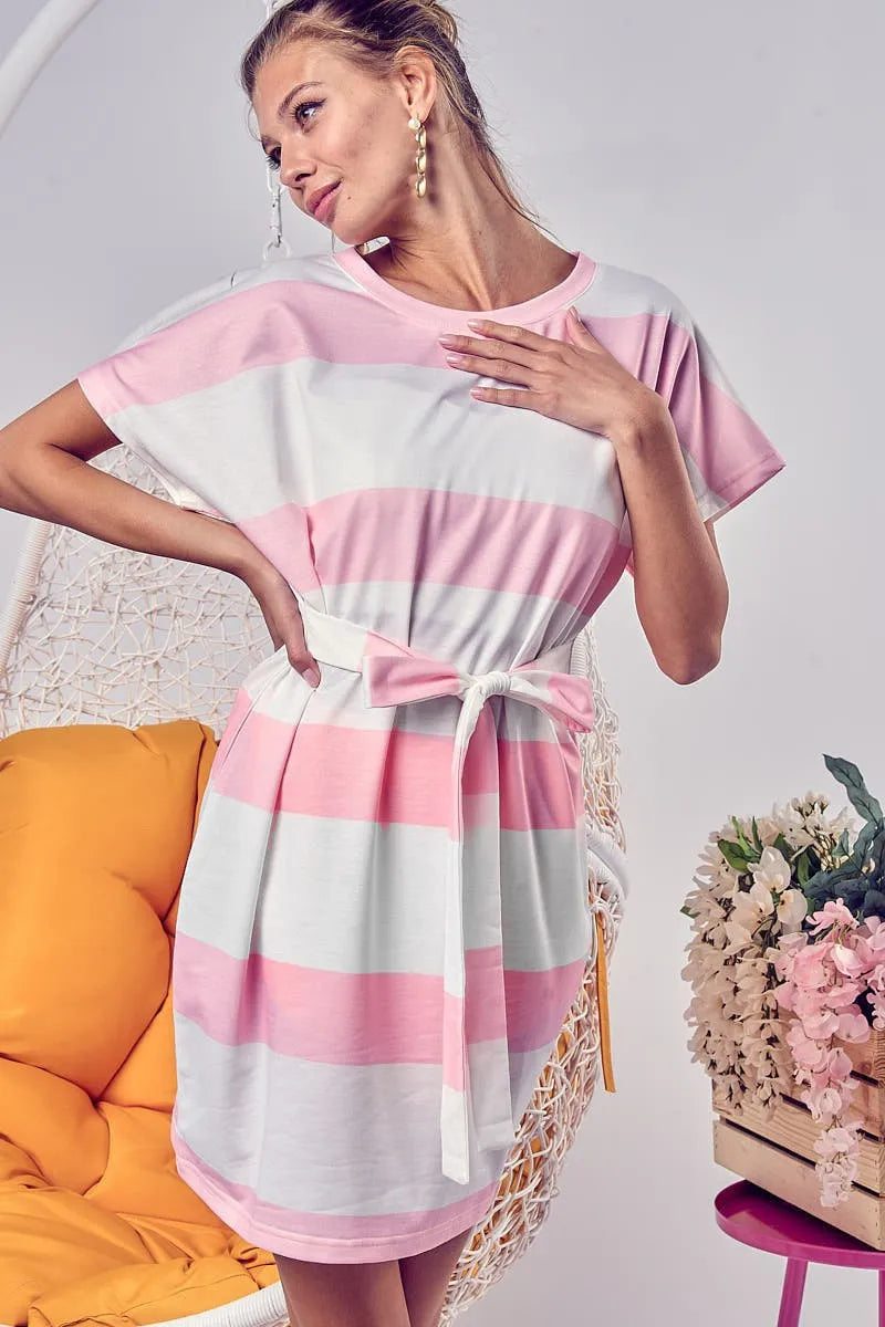 bibi tie front striped short sleeve dress shown as women’s outerwear