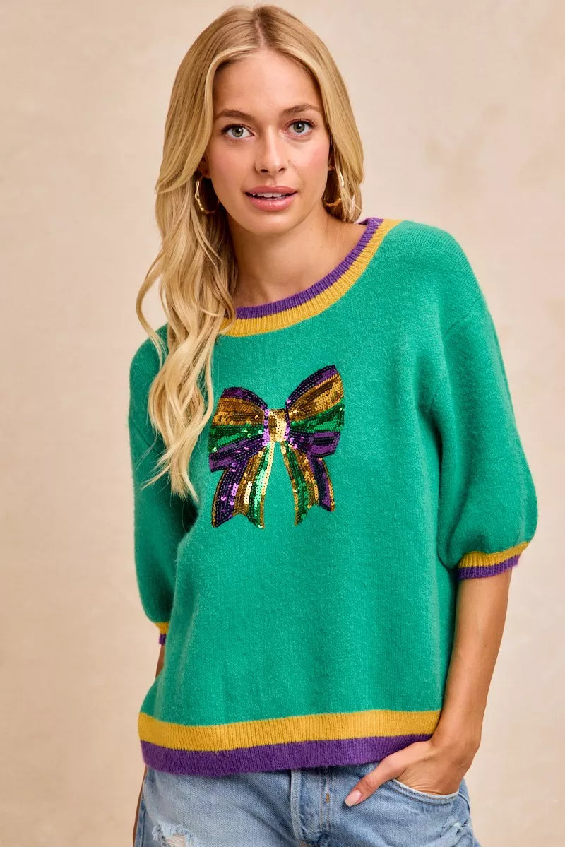 women's bibi mardi gras sequin ribbon patched sweater - extra view