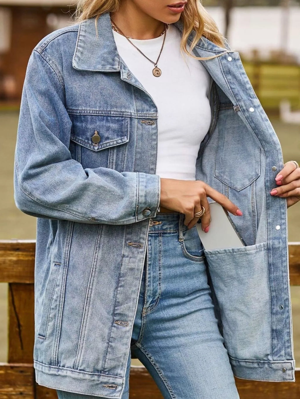 women's button down washed denim jacket - additional image