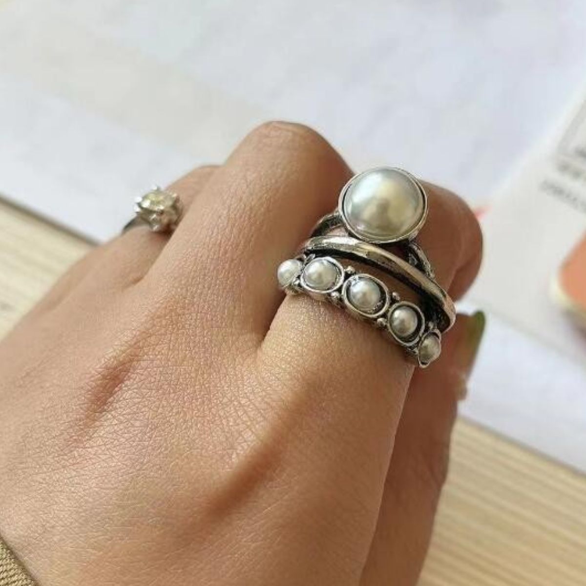 ring sets timeless bridal jewelry Alloy Three-Layered Open Ring in Blue, Silver, Gold, Rhinestone, size One Size, shown in angled view highlighting gemstone detail