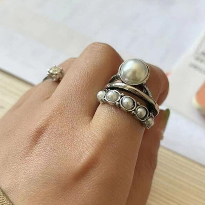 ring sets timeless bridal jewelry Alloy Three-Layered Open Ring in Blue, Silver, Gold, Rhinestone, size One Size, shown in angled view highlighting gemstone detail