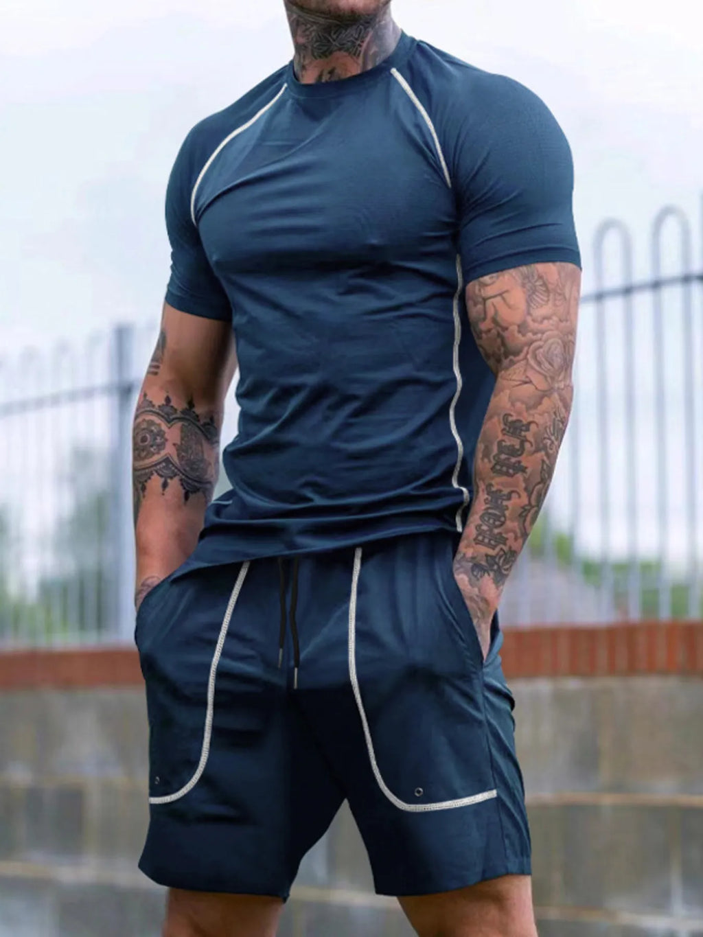 men's men's full size round neck short sleeve t-shirt and shorts set plus size - additional image