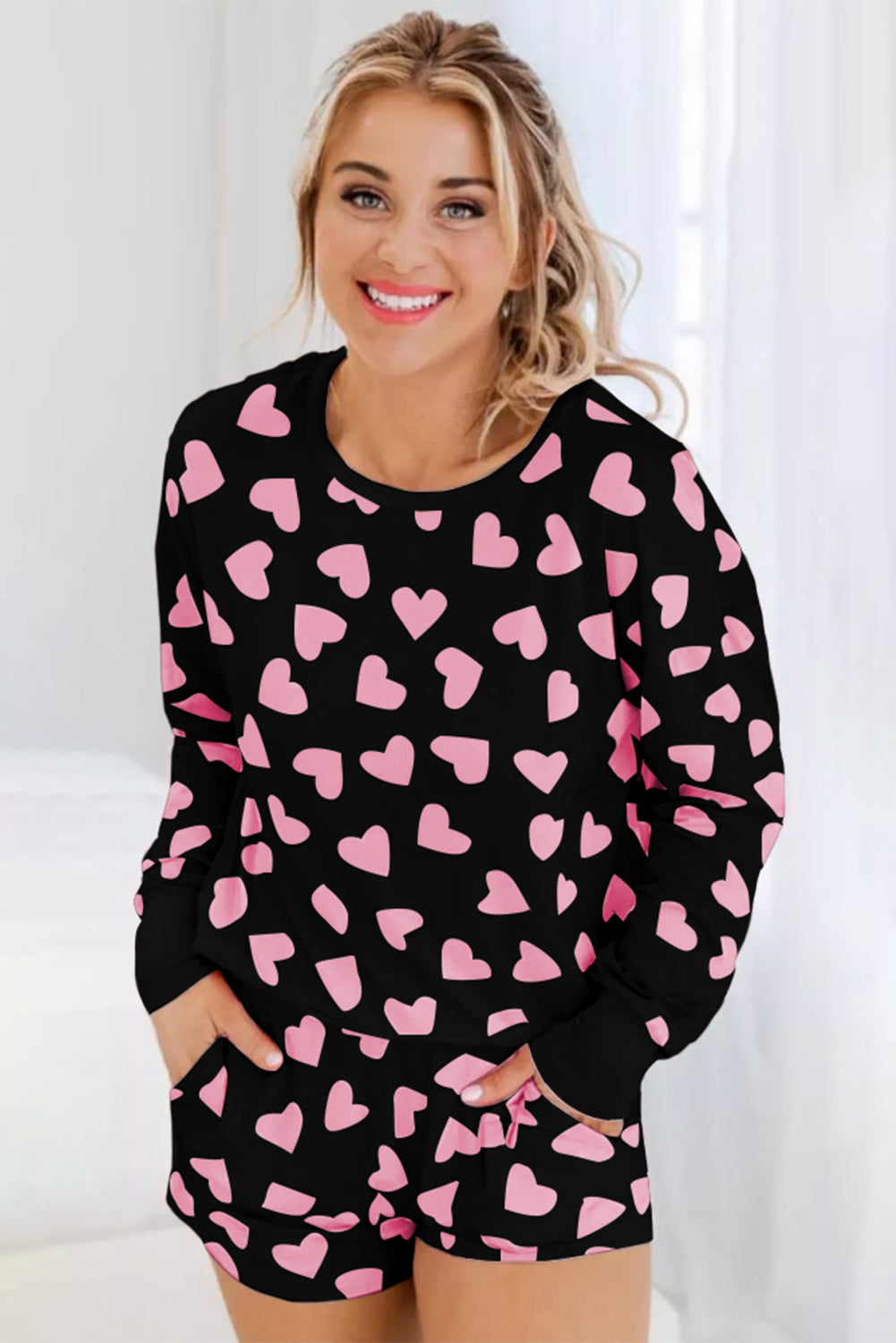 Heart Print Long Sleeve Top and Shorts Lounge Set