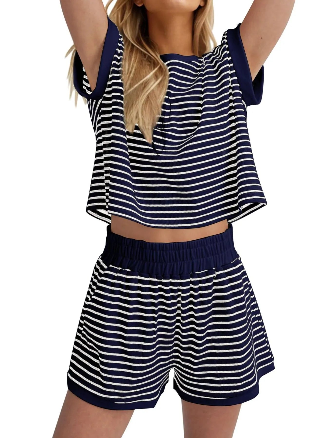 Full Size Contrast Striped T-Shirt and Shorts Set Plus Size