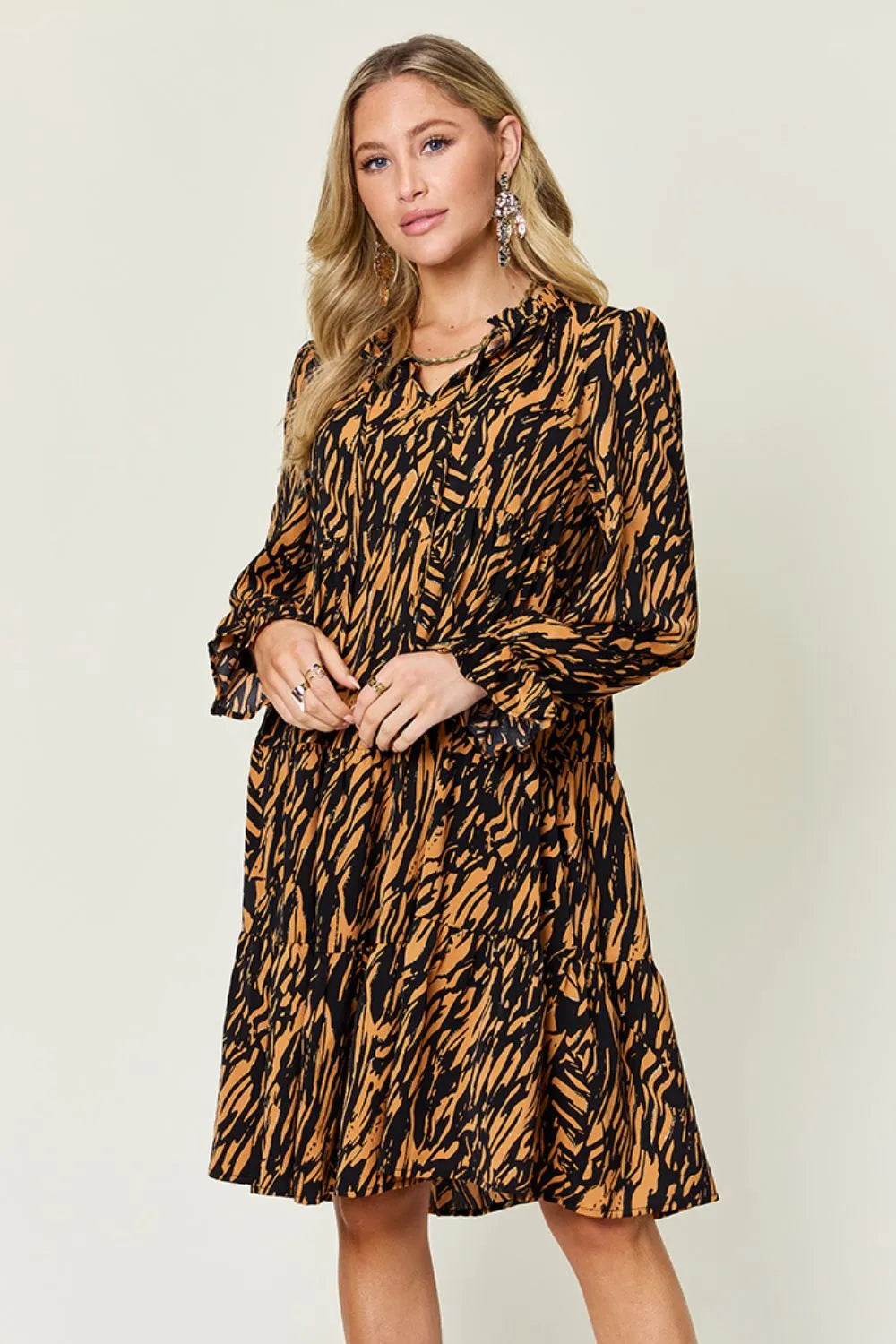 Double Take Full Size Printed Ruffle Hem Long Sleeve Dress Caramel