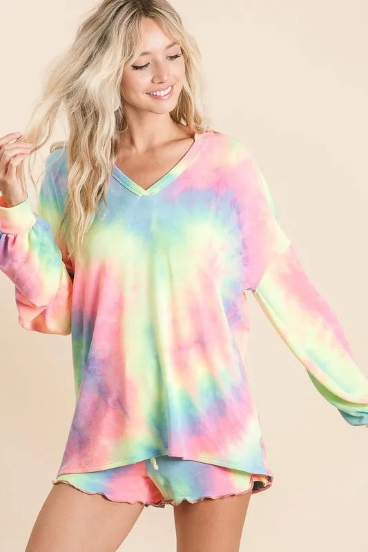 women's bibi tie dye french terry top with balloon sleeves - lifestyle shot