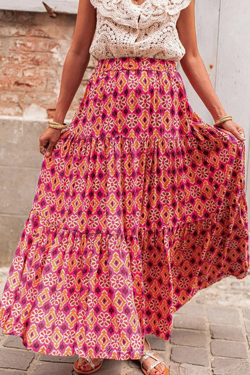 Printed Tiered Maxi Skirt Rose