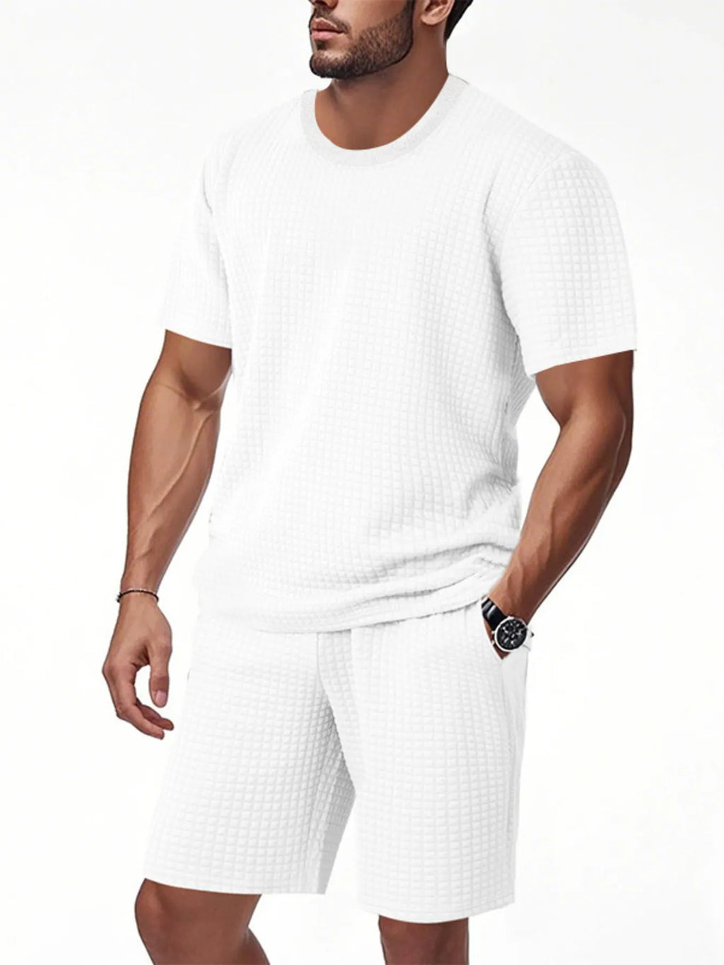 men's men's full size textured round neck top and shorts set plus size - additional image