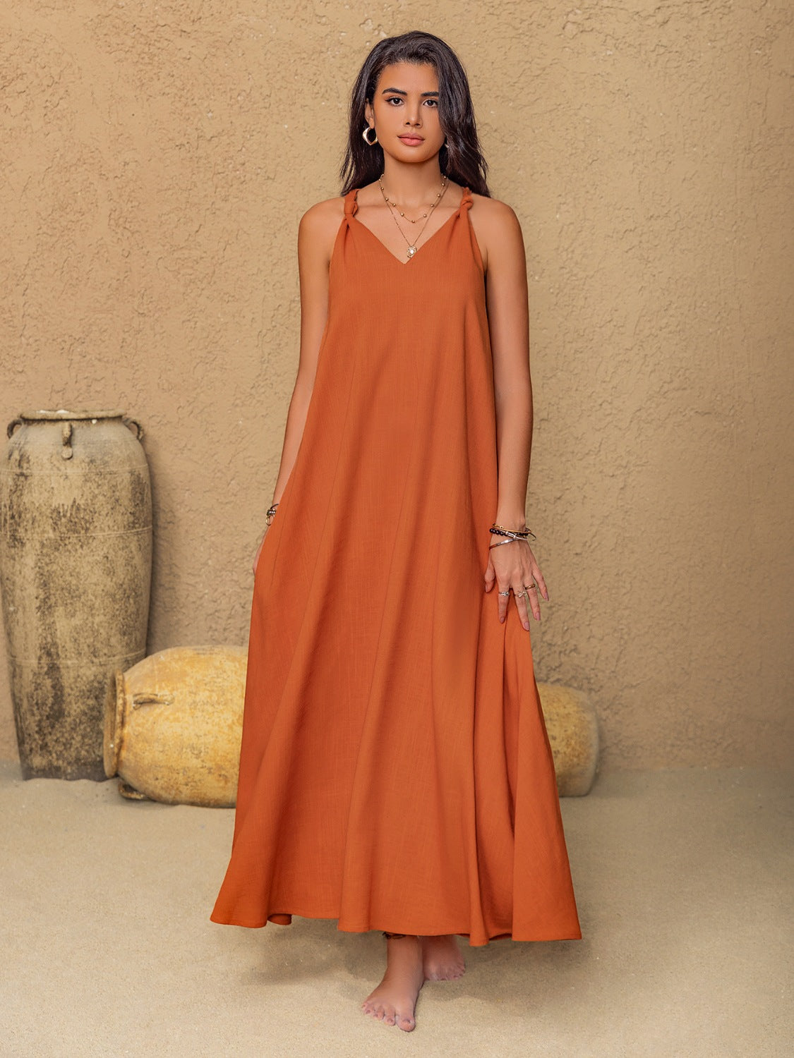 Ruched Twisted Back Sleeveless Maxi Cami Dress