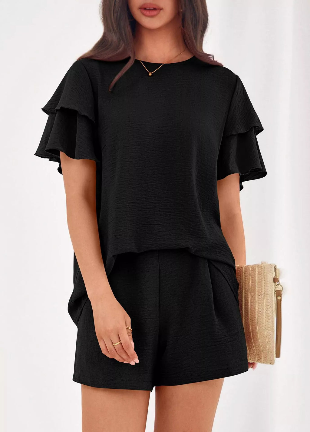 women's ruffle sleeve top and shorts two-piece set - styling option