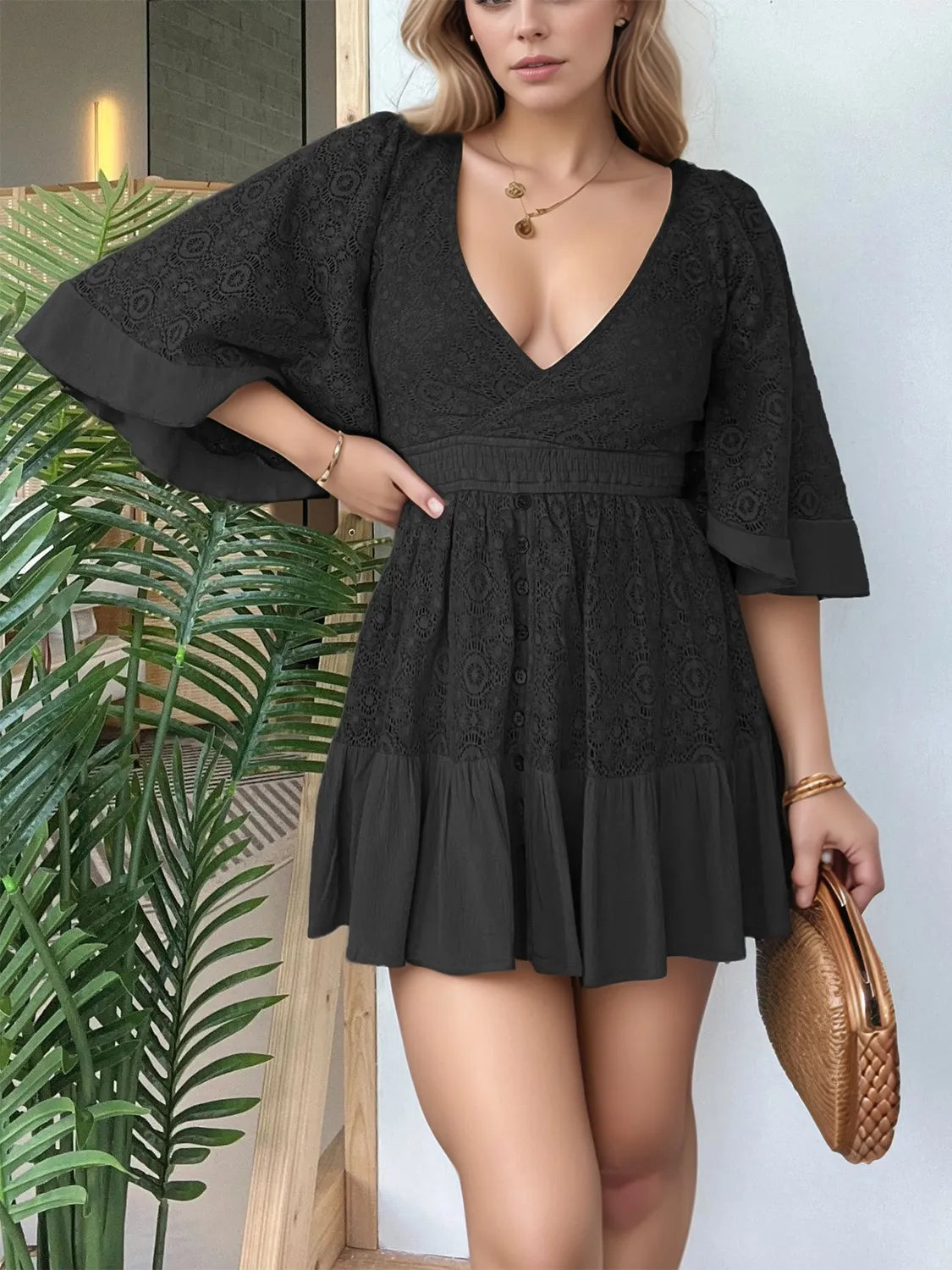 Full Size Lace Cutout Back Half Sleeve Mini Dress Plus Size Black