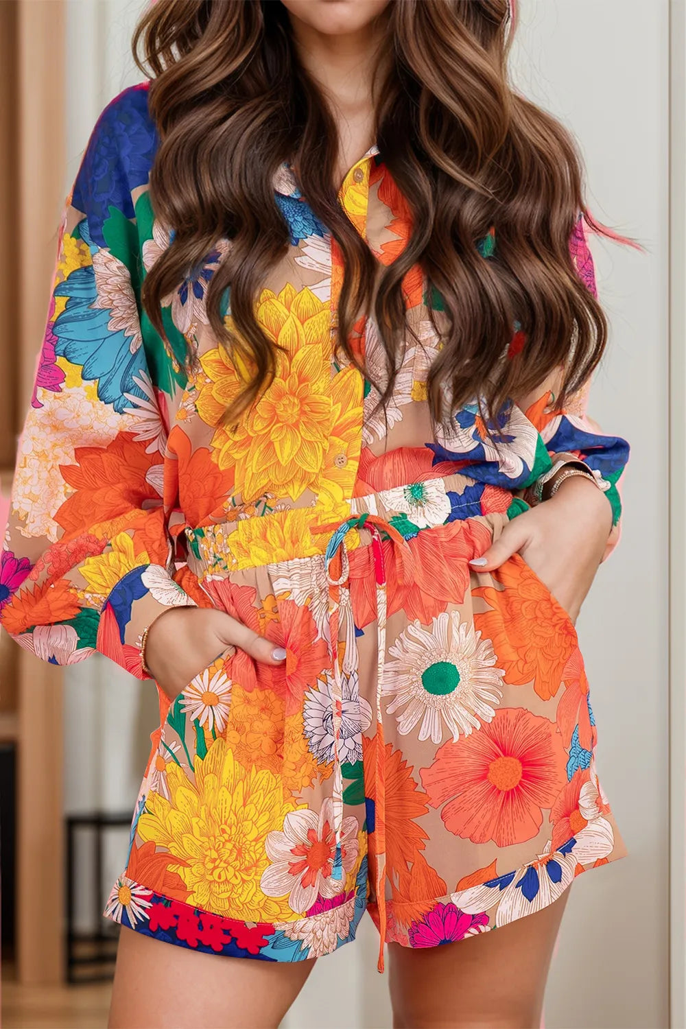 Printed Button Up Long Sleeve Top and Shorts Set Orange