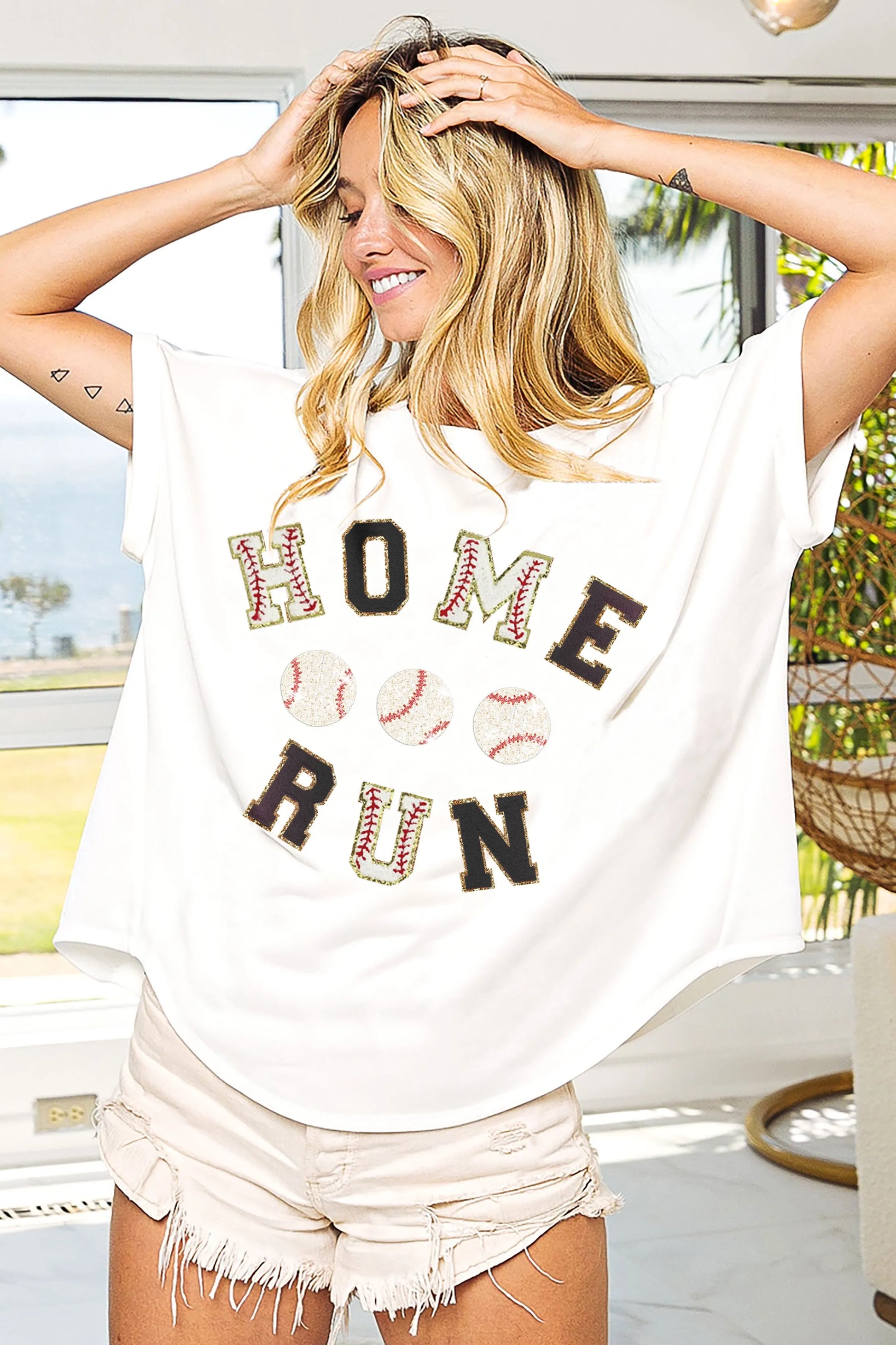bibi baseballs homerun letter washed short sleeve top shown as women’s outerwear