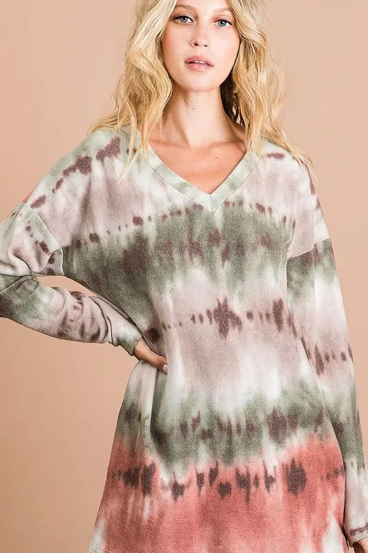 women's bibi brushed tie dye looking print v neck top - alternate angle
