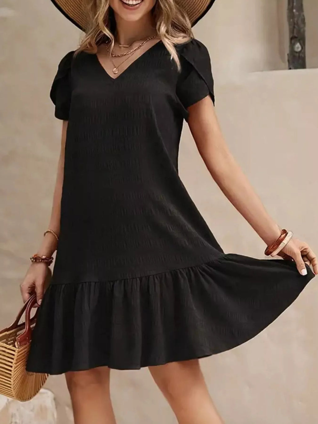women's v-neck ruffle hem textured mini dress - styling option