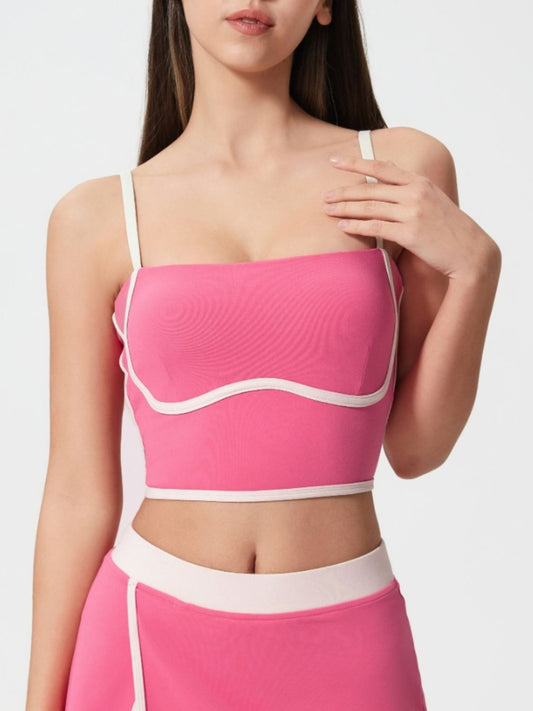 Millennia Contrast Trim Square Neck Active Cami with Detachable Chest Pads Fuchsia Pink