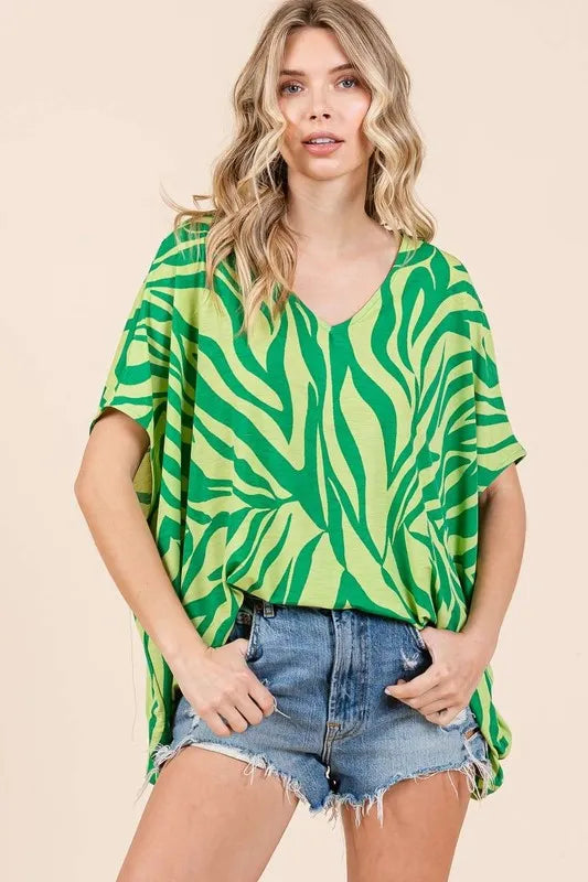 Mittoshop Zebra Print V-Neck Short Sleeve Oversized Top Green