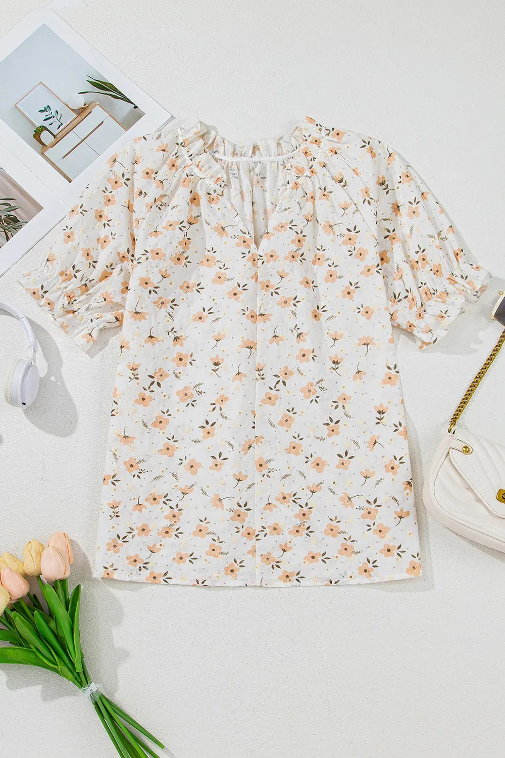 Frill Printed Notched Short Sleeve Blouse White