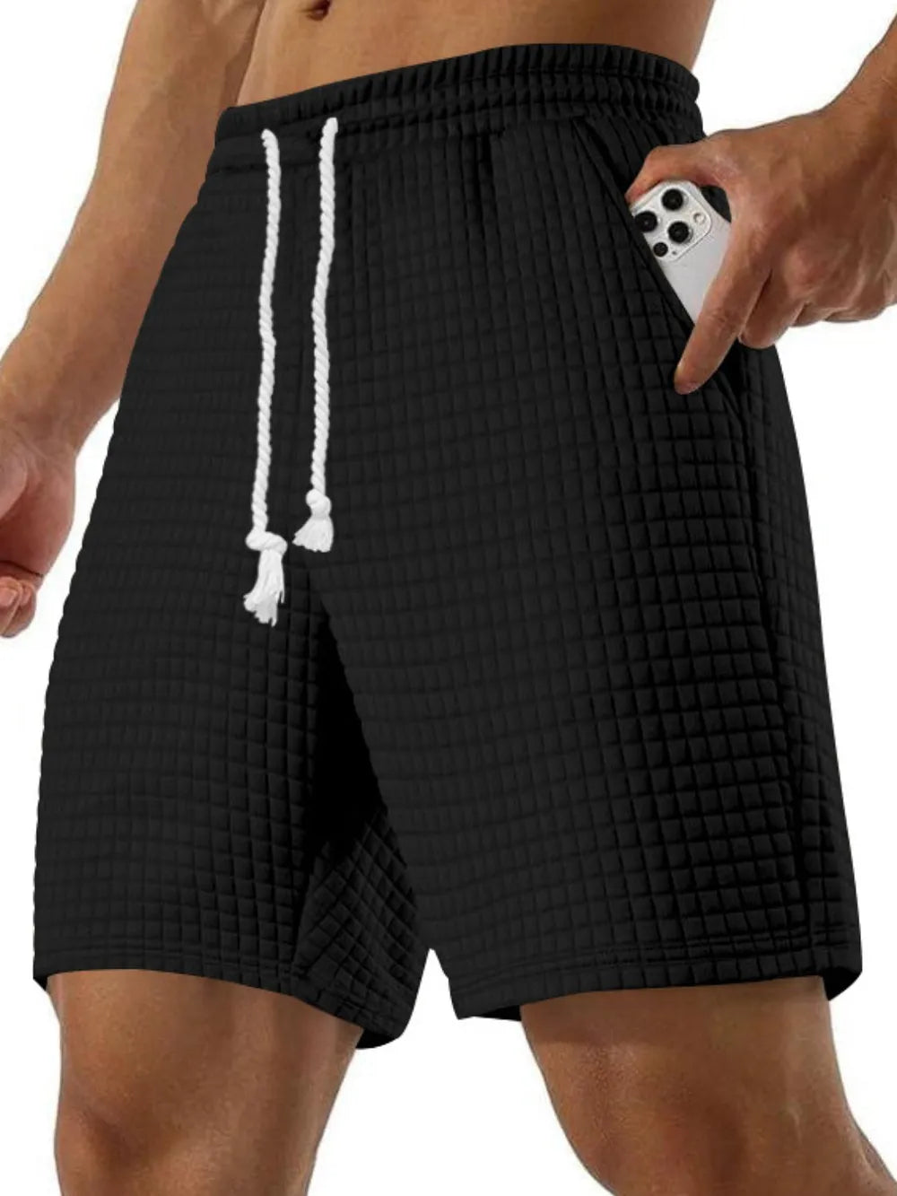 Men's Full Size Drawstring Textured Shorts Plus Size Black