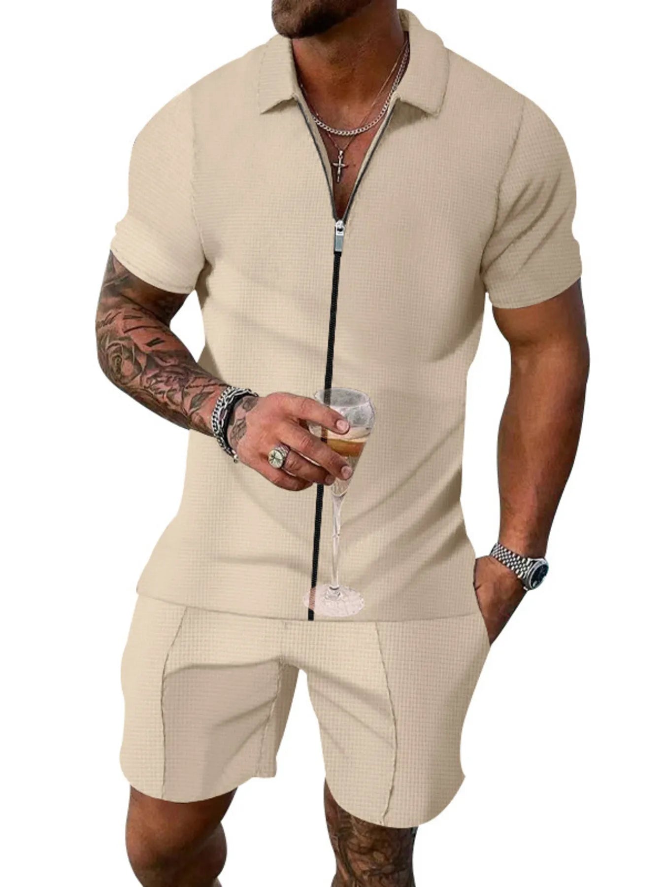 men's men's plus size zip up short sleeve top and shorts set - extra view