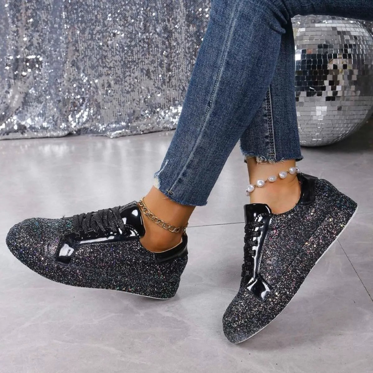 women's sparkling lace up sneakers - main product image