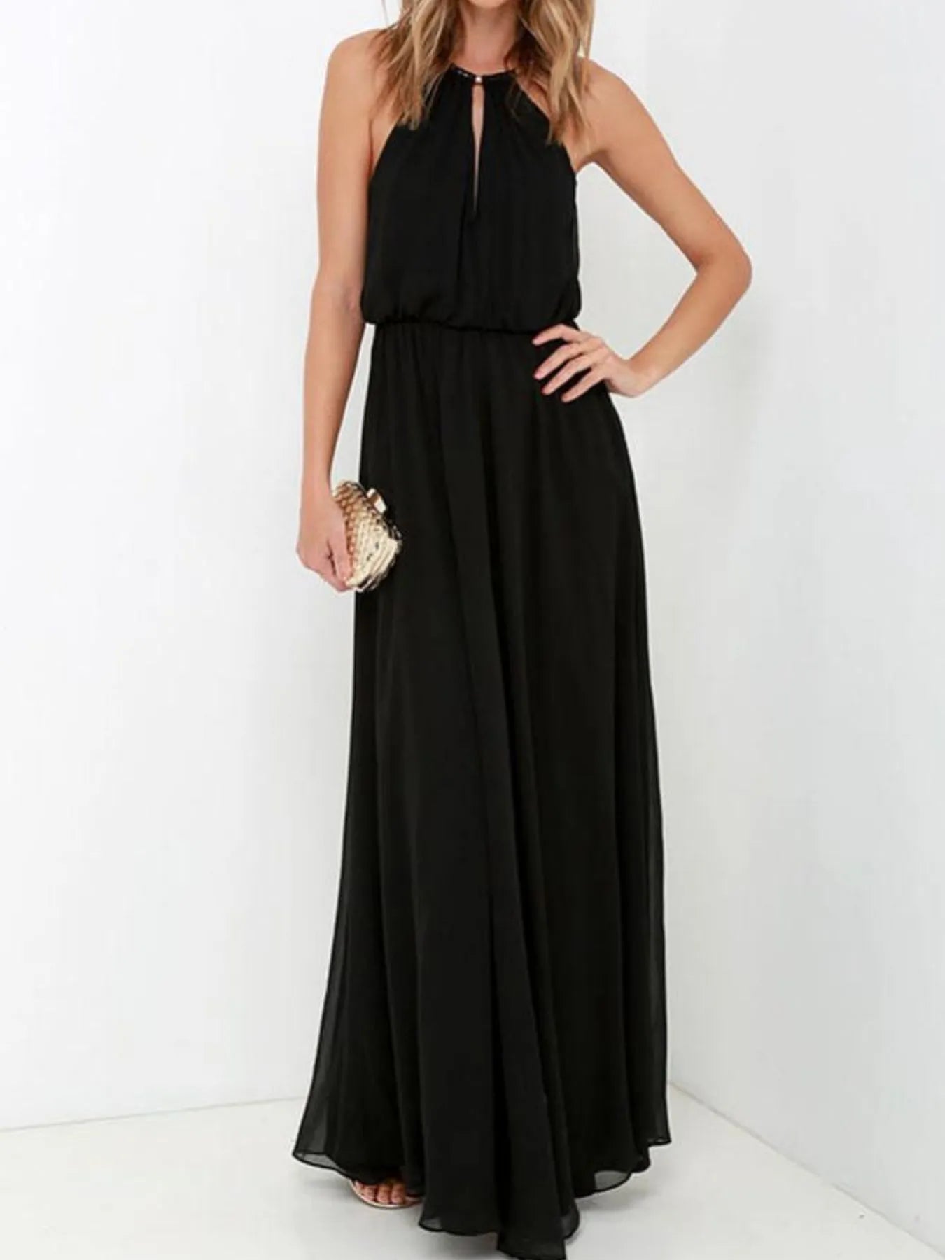pleated sleeveless maxi tank dress shown as women’s dress